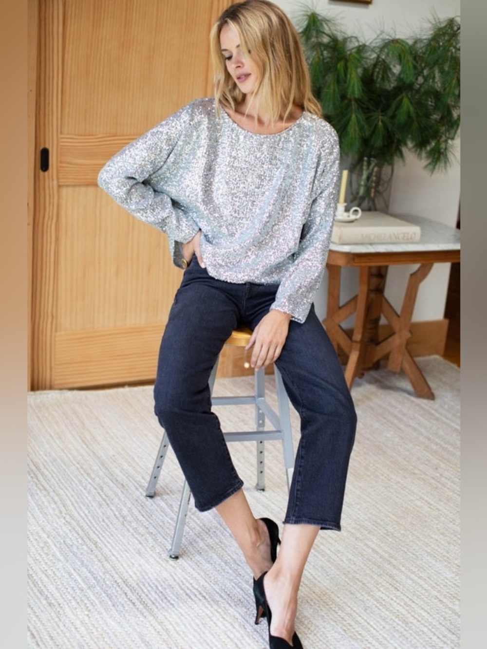EMERSON FRY KEYHOLE TOP - SILVER SEQUIN NWT , sz: small